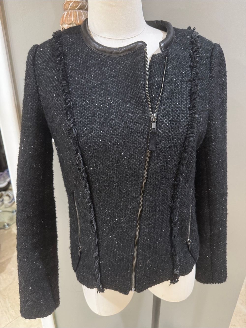 Women's Black Tweed Zip-Front Jacket with Leather Trim